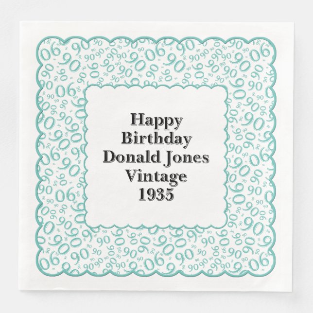 90th Birthday Number Pattern Scallops Teal/White Napkin (Front)
