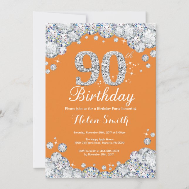 90th Birthday Orange and Silver Diamond Invitation (Front)
