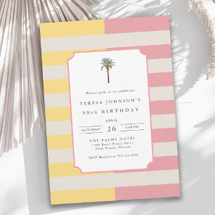 90th Birthday Palm Beach Pastel Stripe Tropical Invitation