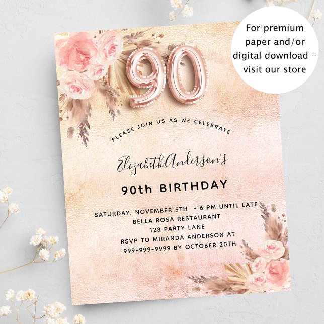 90th birthday pampas grass rose budget invitation flyer (Creator Uploaded)