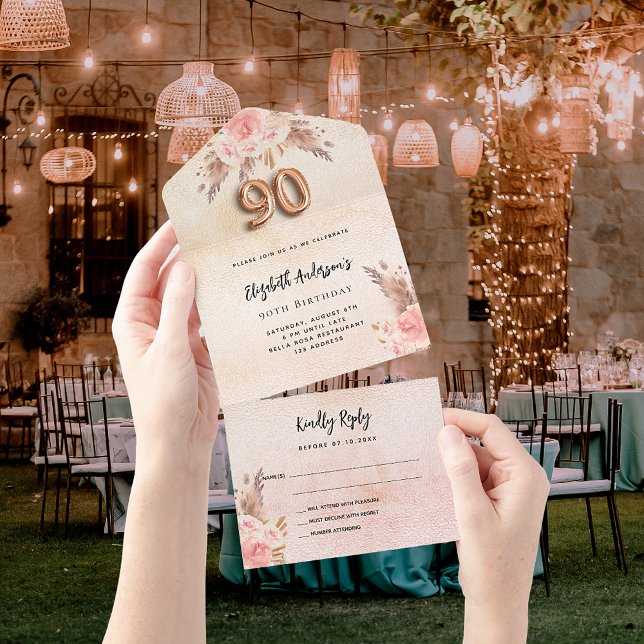 90th birthday pampas grass rose pink florals RSVP All In One Invitation (Creator Uploaded)