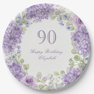 90th Birthday Paper Plates Elegant Purple Floral