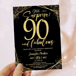 90th Birthday Party 90 Fabulous Black Gold Glitter Invitation