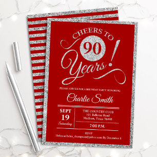 90th Birthday Party - ANY AGE Red Silver Invitation