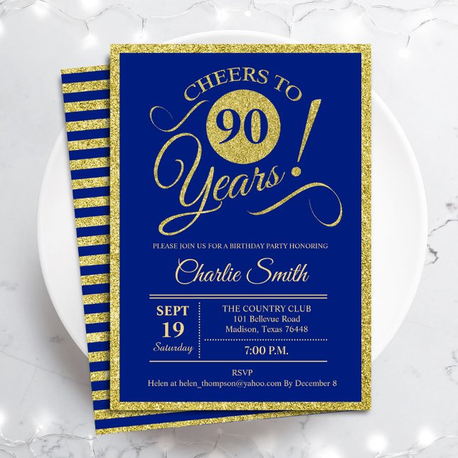 90th Birthday Party - ANY AGE Royal Blue Gold Invitation (Creator Uploaded)
