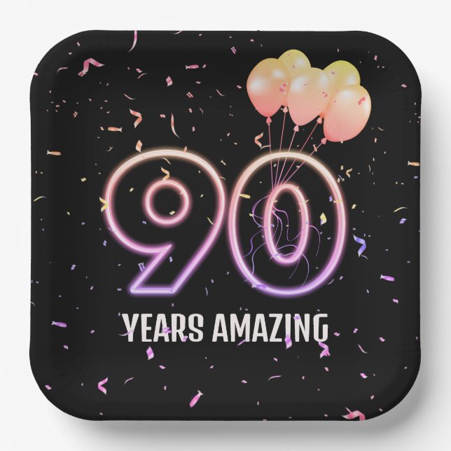 90th Birthday Party Balloons and Confetti Paper Plate (Front)