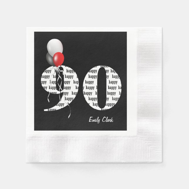 90th birthday party balloons on black napkin (Front)