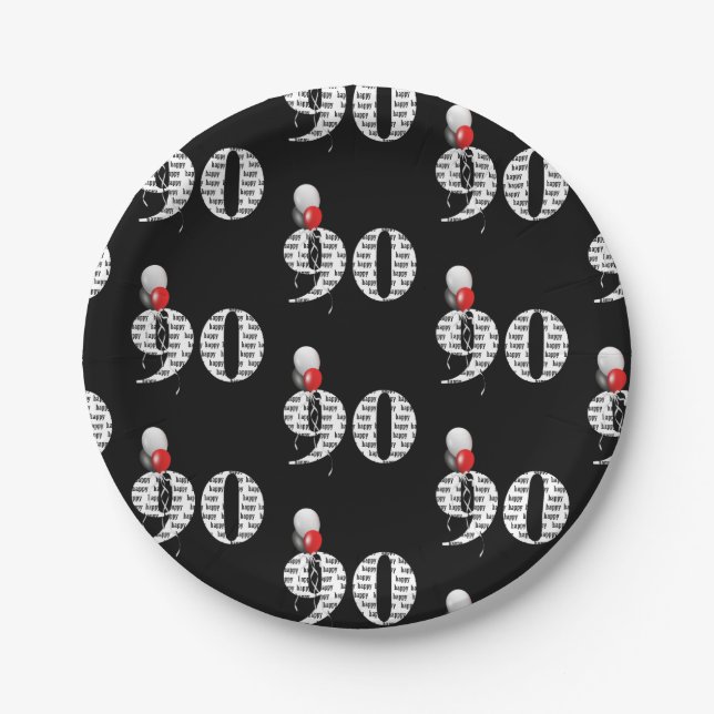 90th birthday party balloons on black paper plate (Front)