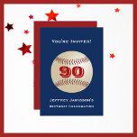 90th Birthday Party, Baseball Theme Invitation<br><div class="desc">A baseball on a dark blue background decorates this unique and fun 90th Birthday Celebration Invitation (or any other age). The reverse has white lettering on a red background. You can easily change the text for name, age, event, date, etc. Sports fans will love it! All Rights Reserved © 2014...</div>