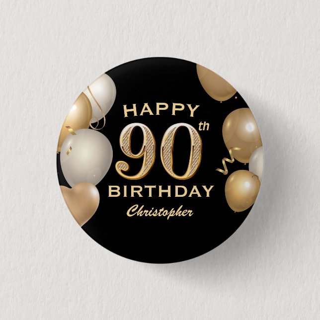 90th Birthday Party Black and Gold Balloons 3 Cm Round Badge (Front)