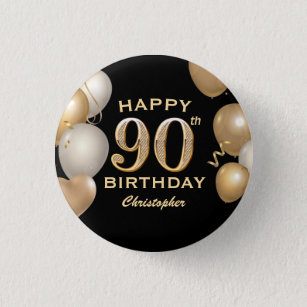 90th Birthday Party Black and Gold Balloons 3 Cm Round Badge