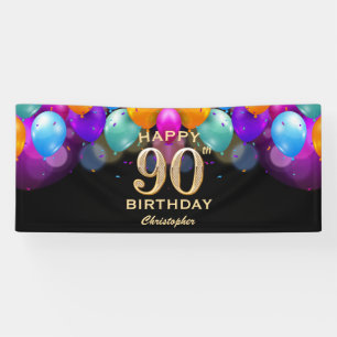 90th Birthday Party Black and Gold Balloons Banner