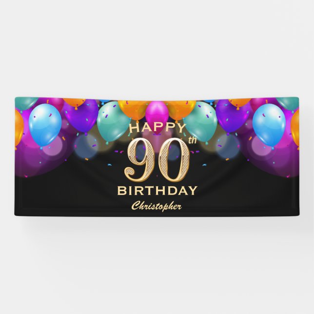 90th Birthday Party Black and Gold Balloons Banner (Horizontal)