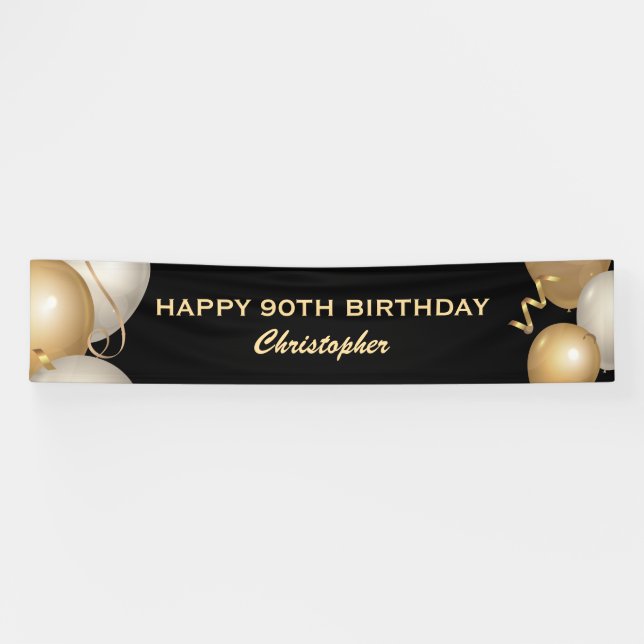 90th Birthday Party Black and Gold Balloons Banner (Horizontal)