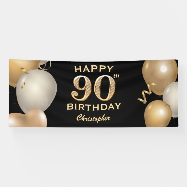 90th Birthday Party Black and Gold Balloons Banner (Horizontal)