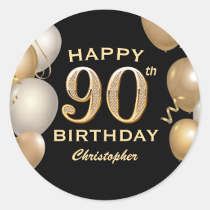 90th Birthday Party Black and Gold Balloons Classic Round Sticker