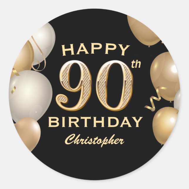 90th Birthday Party Black and Gold Balloons Classic Round Sticker (Front)