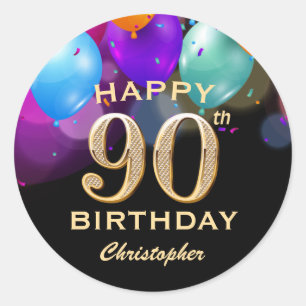 90th Birthday Party Black and Gold Balloons Classic Round Sticker