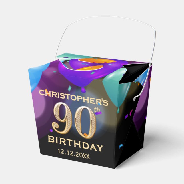 90th Birthday Party Black and Gold Balloons Favour Box (Front Side)