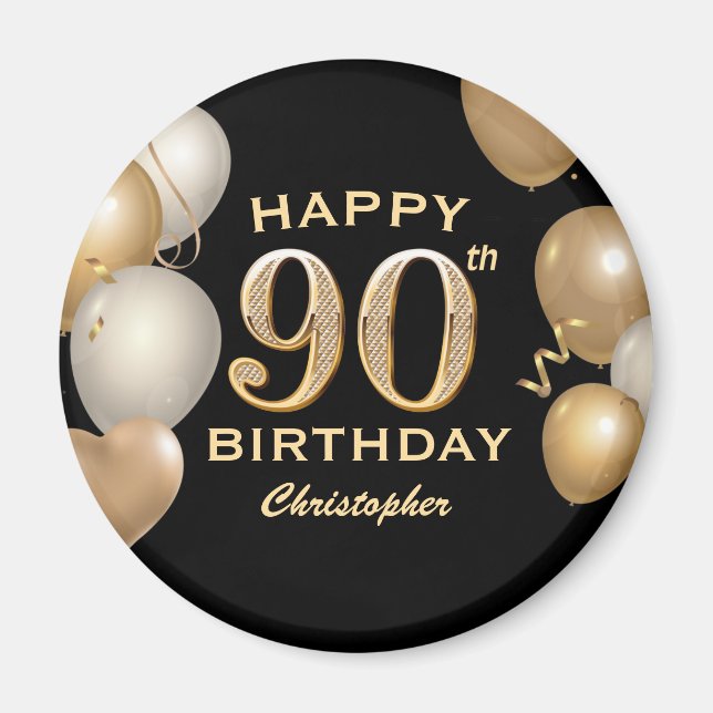 90th Birthday Party Black and Gold Balloons Magnet (Front)