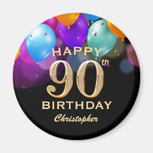 90th Birthday Party Black and Gold Balloons Magnet