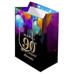 90th Birthday Party Black and Gold Balloons Medium Gift Bag