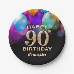 90th Birthday Party Black and Gold Balloons Paper Plate