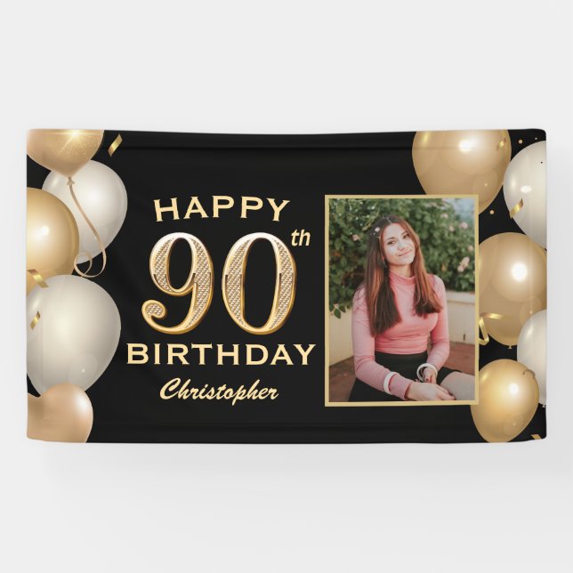 90th Birthday Party Black and Gold Balloons Photo Banner (Horizontal)