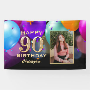 90th Birthday Party Black and Gold Balloons Photo Banner
