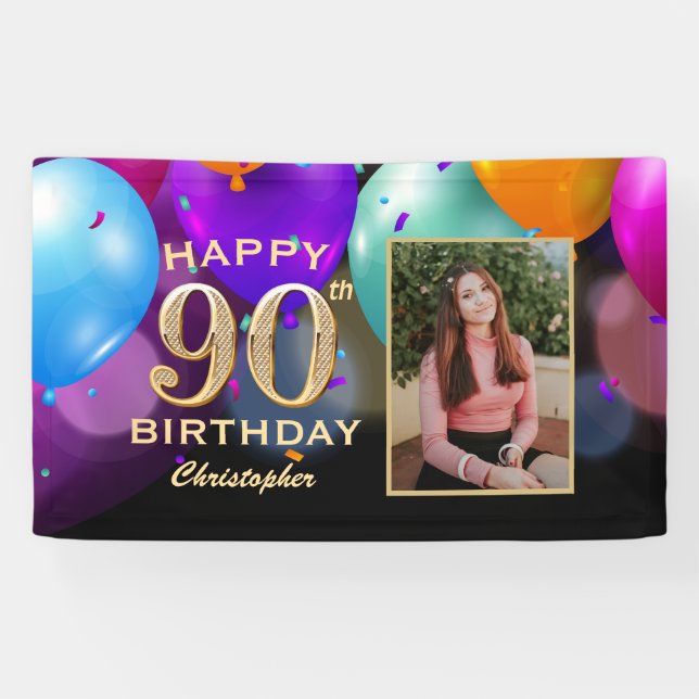 90th Birthday Party Black and Gold Balloons Photo Banner (Horizontal)
