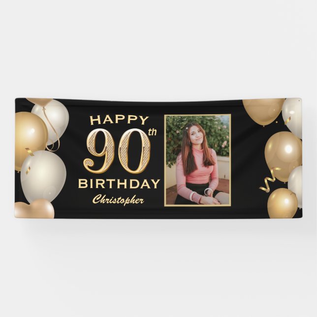 90th Birthday Party Black and Gold Balloons Photo Banner (Horizontal)