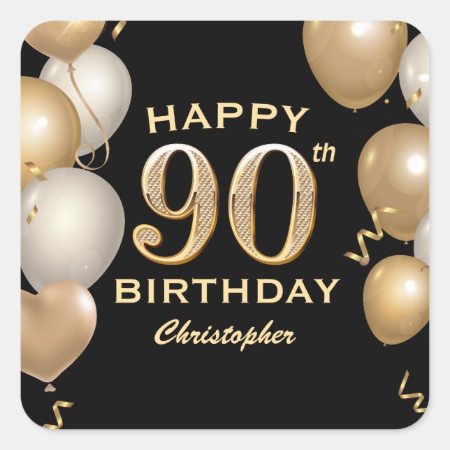 90th Birthday Party Black and Gold Balloons Square Sticker (Front)