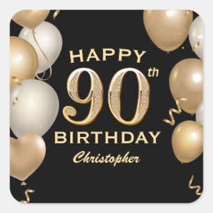 90th Birthday Party Black and Gold Balloons Square Sticker