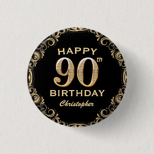 90th Birthday Party Black and Gold Glitter Frame 3 Cm Round Badge