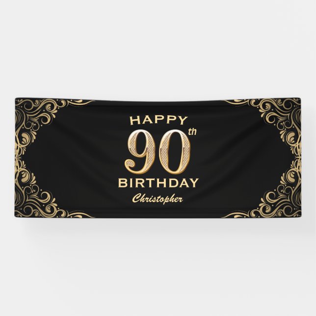 90th Birthday Party Black and Gold Glitter Frame Banner (Horizontal)