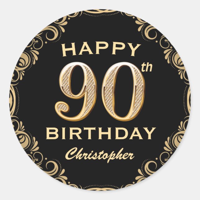 90th Birthday Party Black and Gold Glitter Frame Classic Round Sticker (Front)