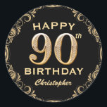 90th Birthday Party Black and Gold Glitter Frame Classic Round Sticker<br><div class="desc">90th Birthday Party Black and Gold Glitter Frame Sticker. For further customisation,  please click the "Customise it" button and use our design tool to modify this template.</div>