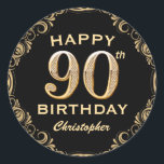 90th Birthday Party Black and Gold Glitter Frame Classic Round Sticker<br><div class="desc">90th Birthday Party Black and Gold Glitter Frame Sticker. For further customisation,  please click the "Customise it" button and use our design tool to modify this template.</div>