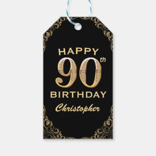 90th Birthday Party Black and Gold Glitter Frame Gift Tags