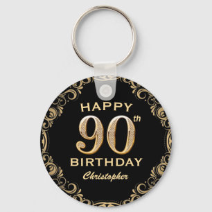 90th Birthday Party Black and Gold Glitter Frame Key Ring