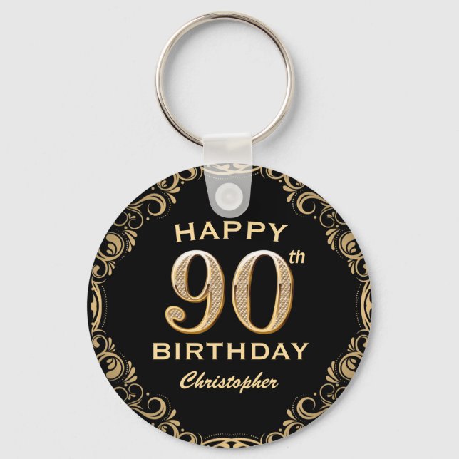 90th Birthday Party Black and Gold Glitter Frame Key Ring (Front)