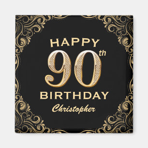 90th Birthday Party Black and Gold Glitter Frame Magnet