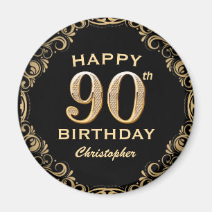 90th Birthday Party Black and Gold Glitter Frame Magnet