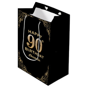 90th Birthday Party Black and Gold Glitter Frame Medium Gift Bag