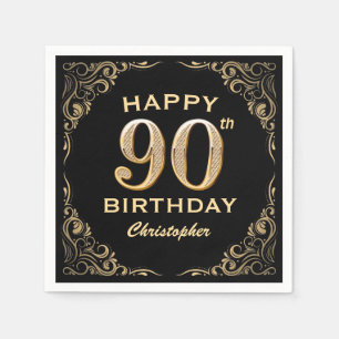 90th Birthday Party Black and Gold Glitter Frame Napkin