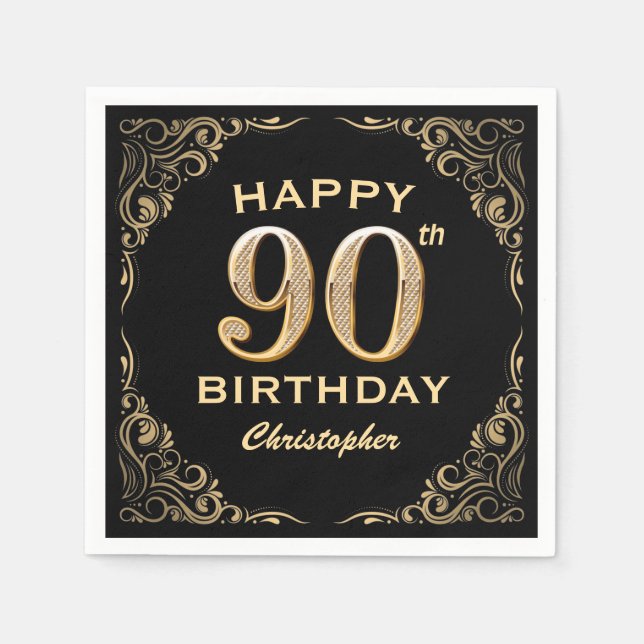 90th Birthday Party Black and Gold Glitter Frame Napkin (Front)