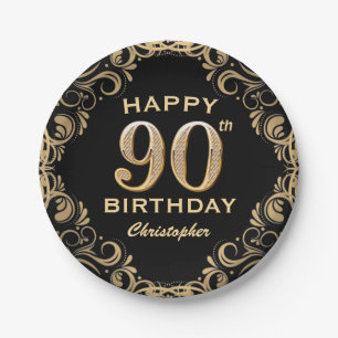 90th Birthday Party Black and Gold Glitter Frame Paper Plate