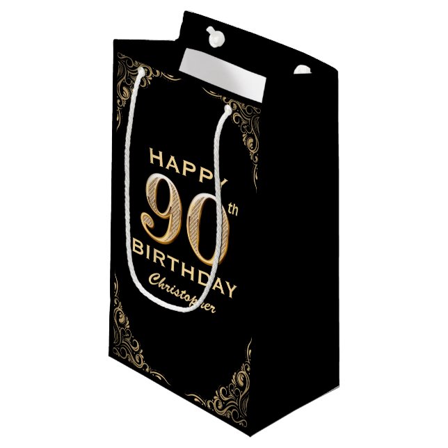 90th Birthday Party Black and Gold Glitter Frame Small Gift Bag (Front Angled)