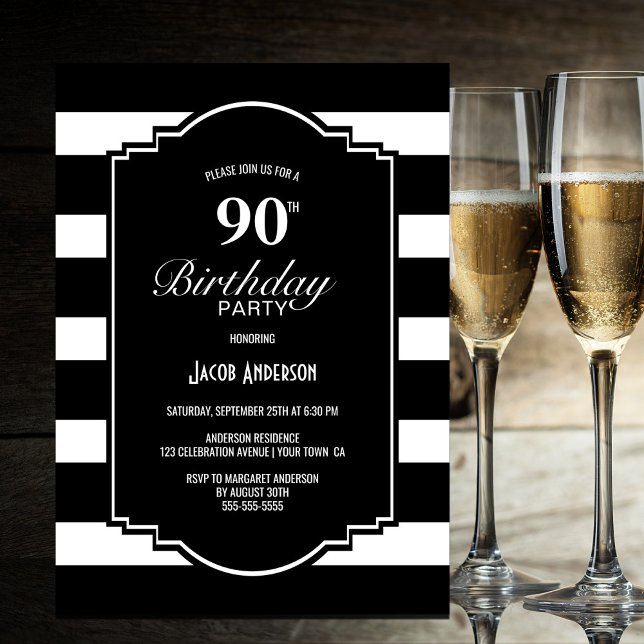 90th Birthday Party Black and White Striped Invitation (Creator Uploaded)