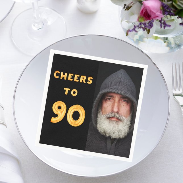 90th birthday party black gold cheers photo napkin (Creator Uploaded)